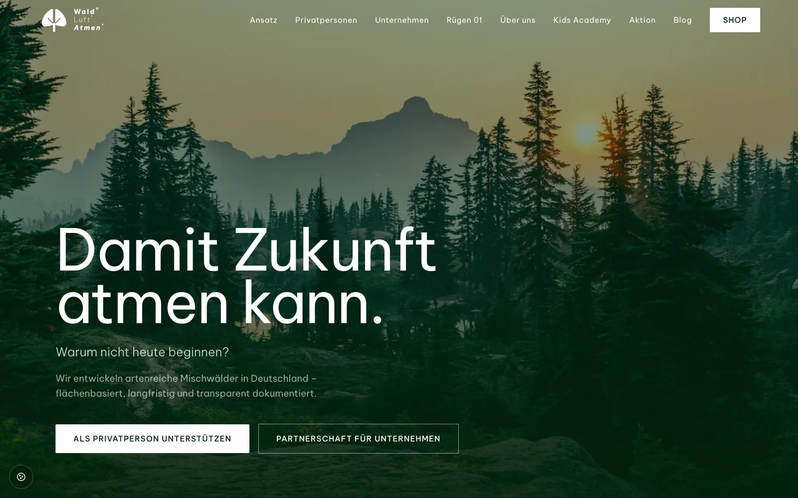Screenshot der Website Wald Luft Atmen